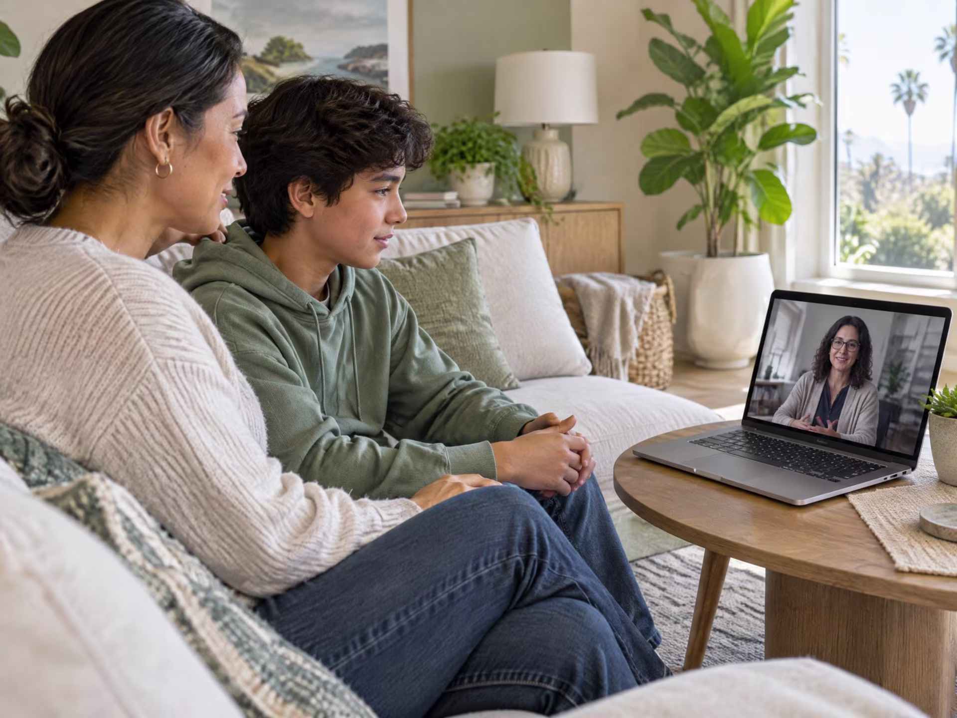 Parent and teen attending a private family therapy video session from home, family therapy in San Jose near me