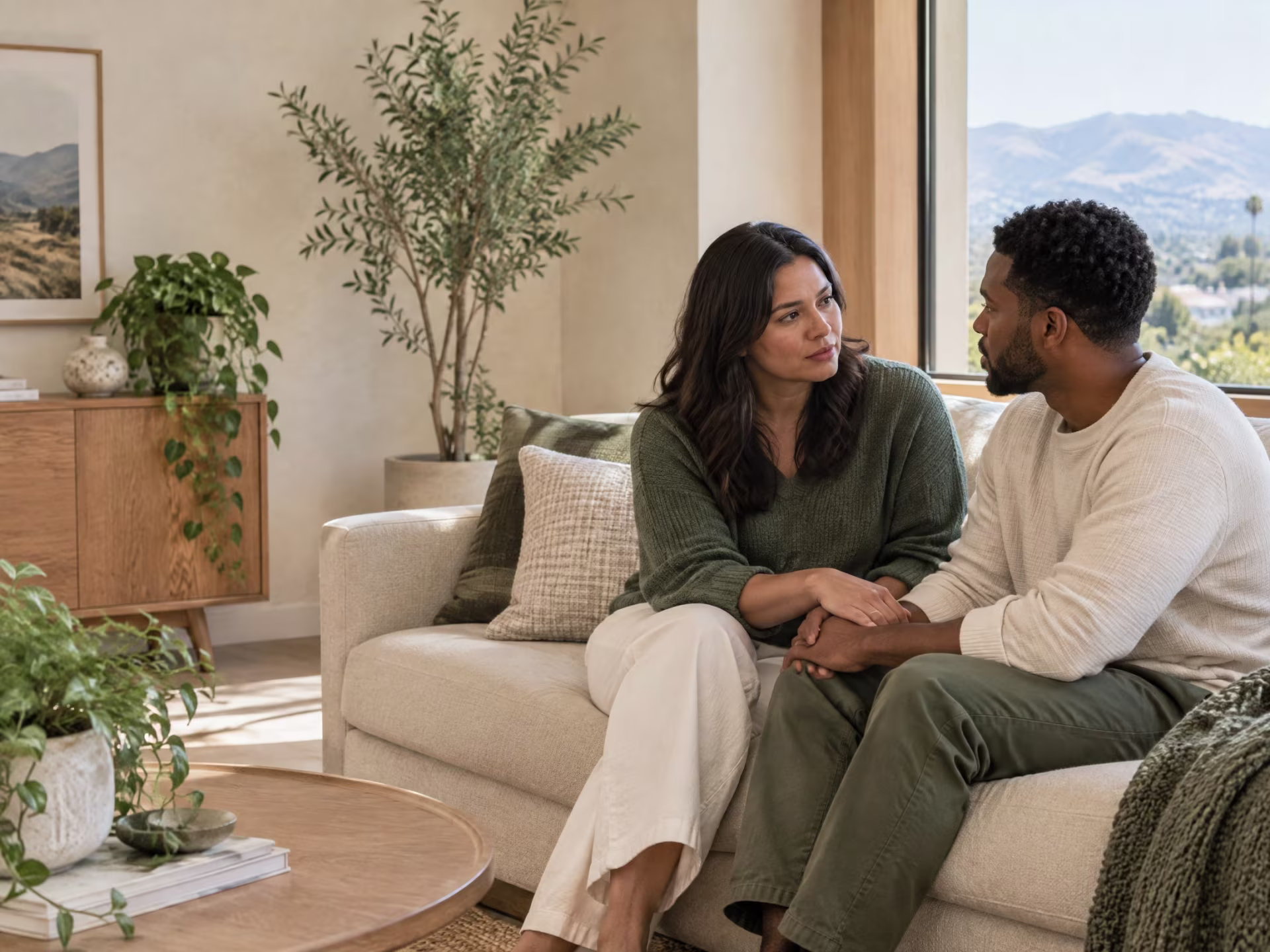 Partners sharing a thoughtful conversation in a sunlit California home, couples therapy in San Jose near me