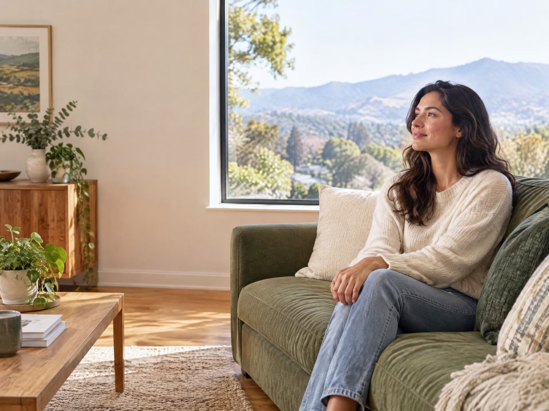 Adult sitting by a sunlit window overlooking green South Bay hills, depression therapy in San Jose near me