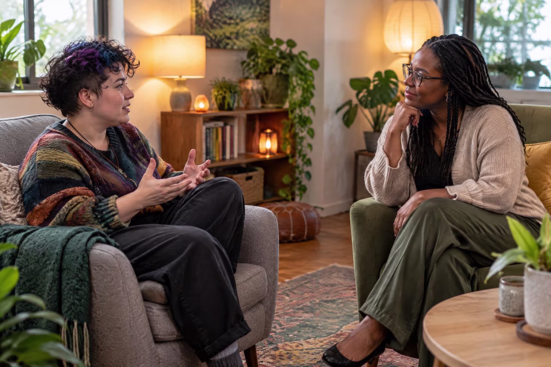 Therapist and adult client talking in a sensory-considerate space, autism therapy in San Jose near me