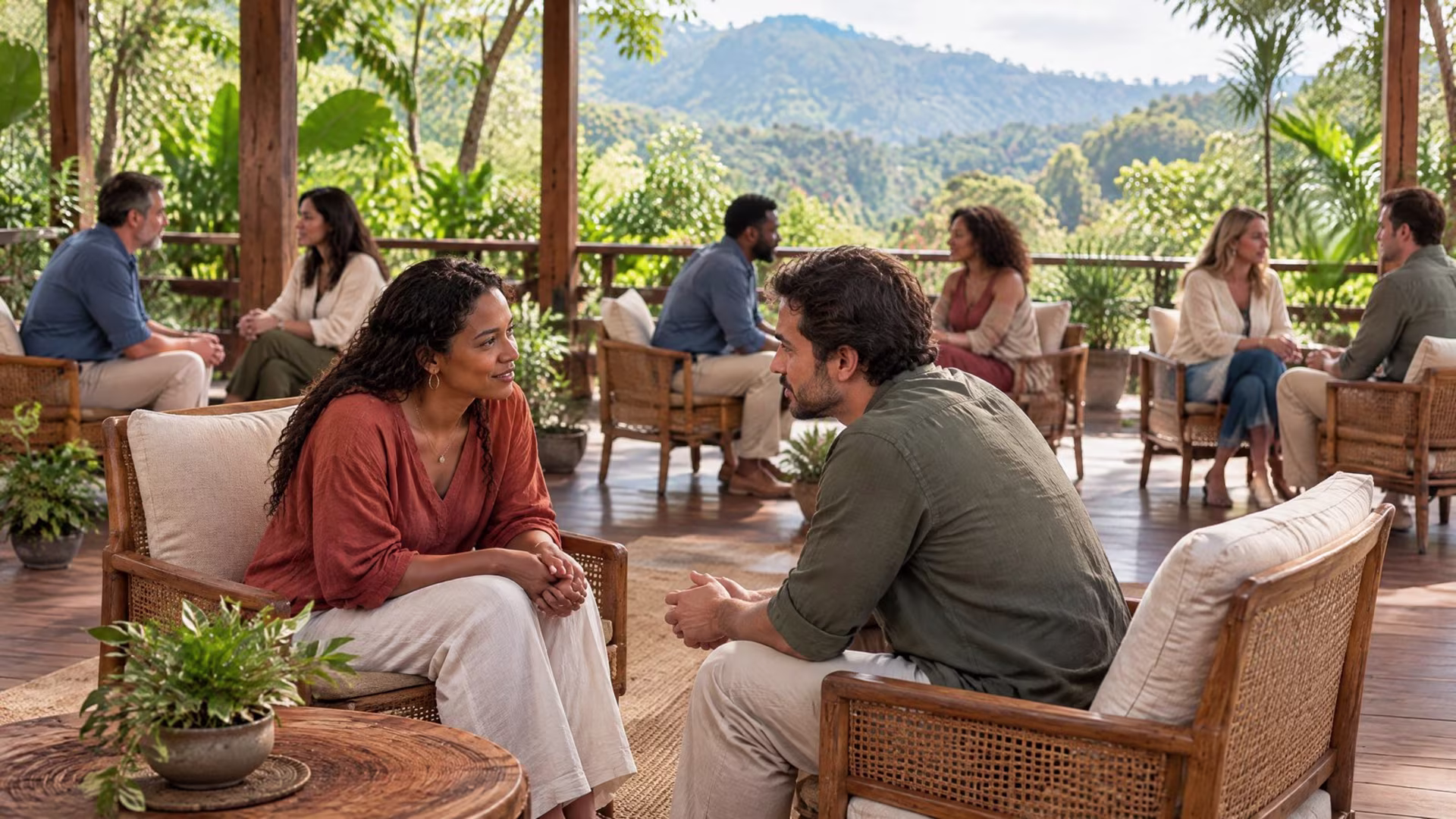 Couples talking in pairs at an open-air retreat surrounded by California greenery, couples therapy in San Jose near me
