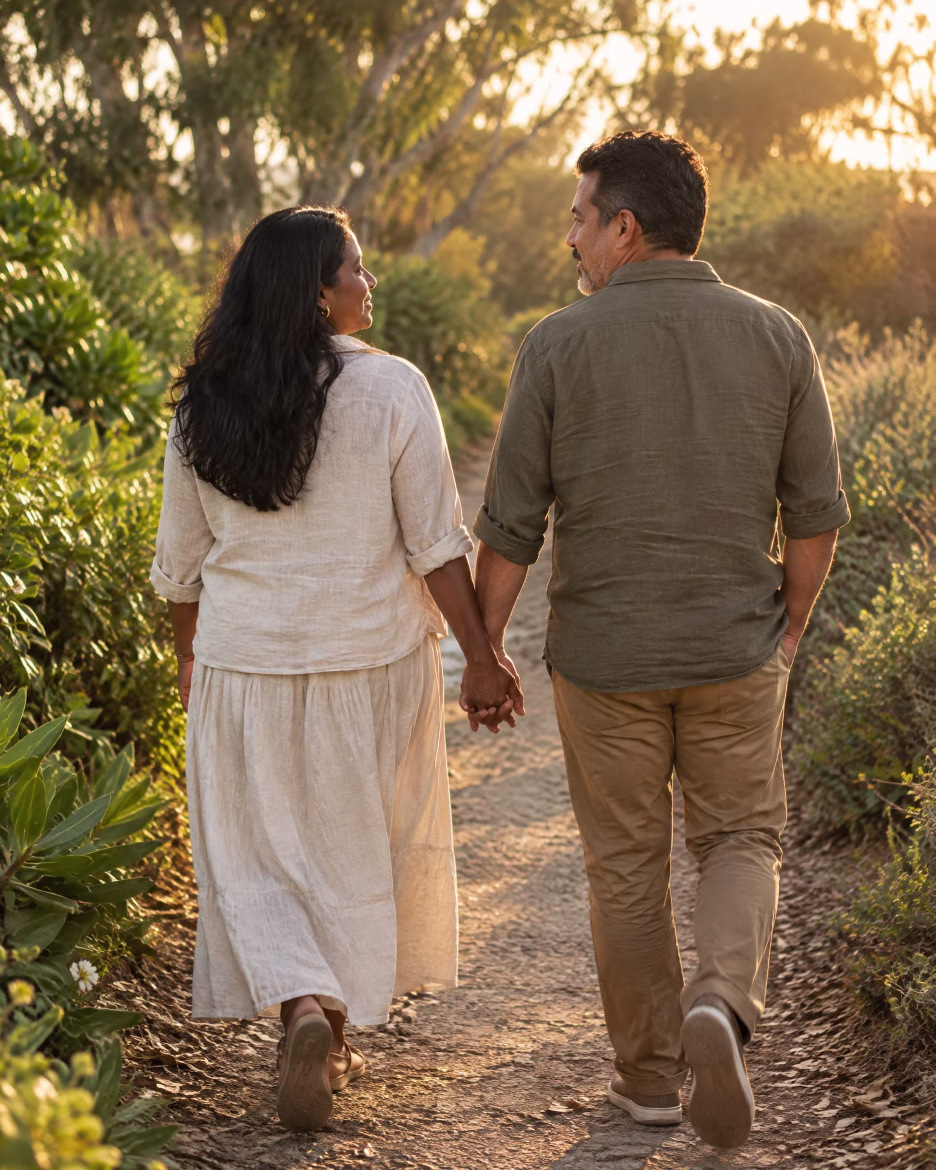 Two partners walking together on a leafy South Bay path, couples therapy in San Jose near me
