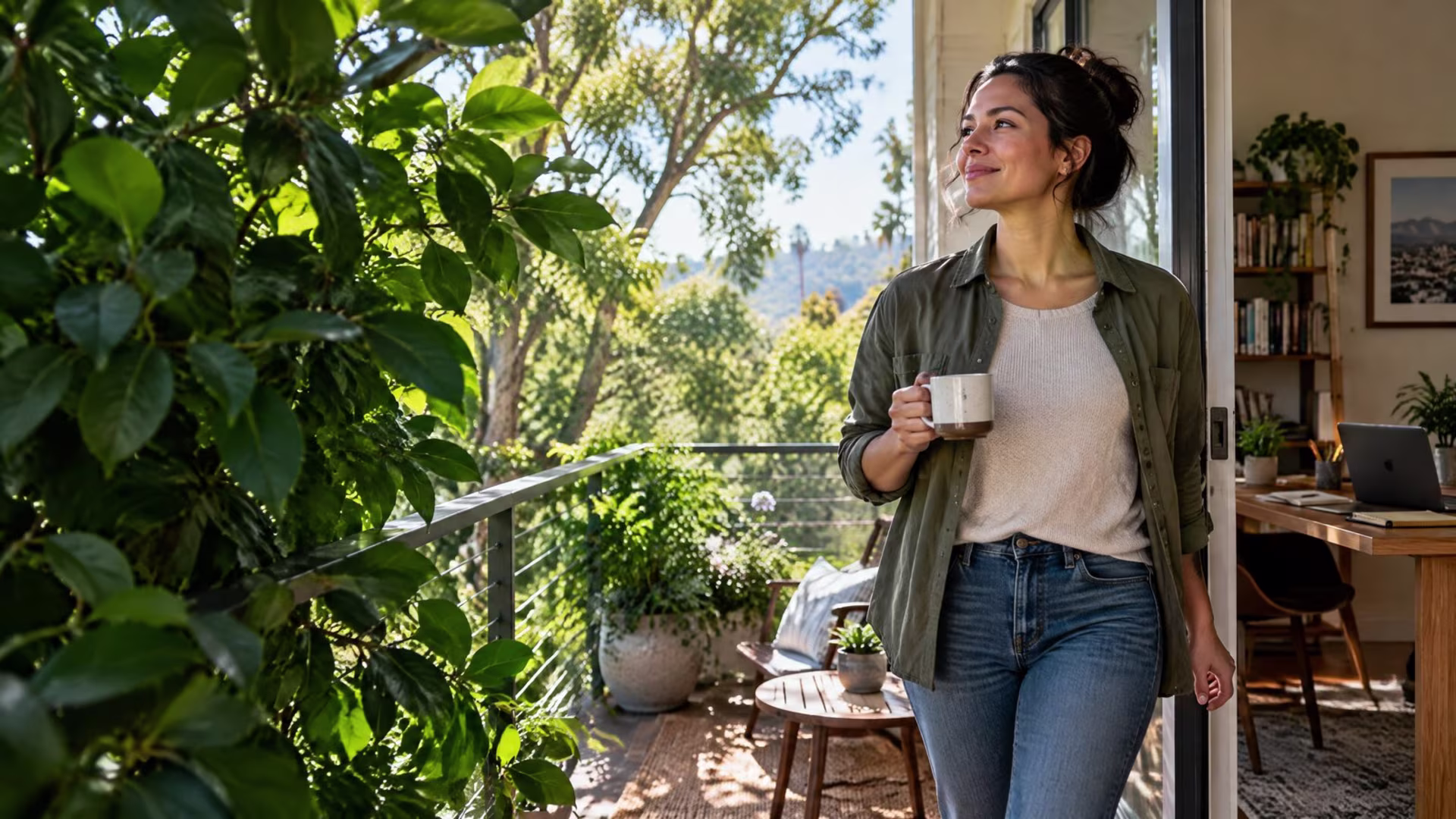 Adult stepping onto a leafy California balcony in warm daylight, ADHD testing in San Jose near me
