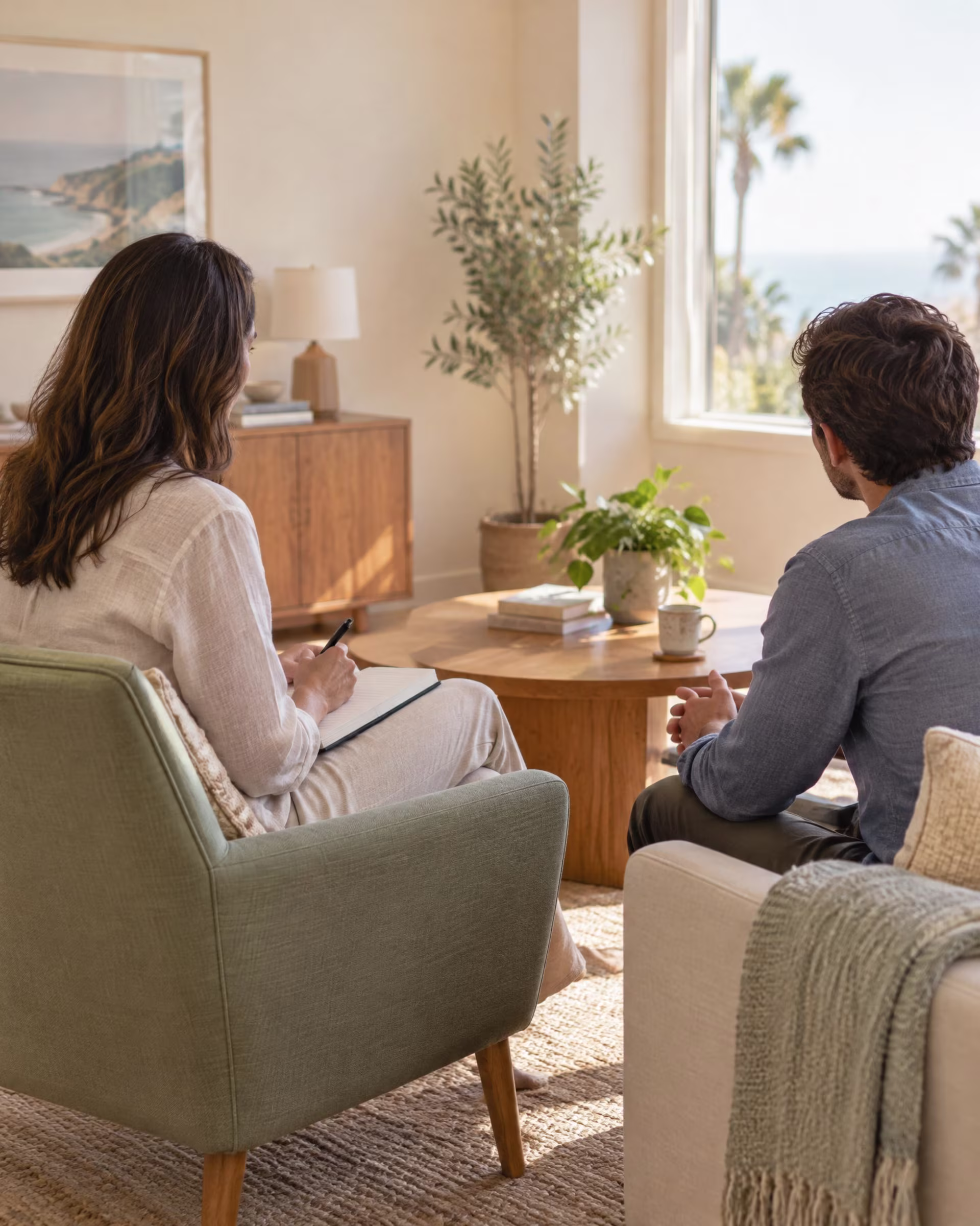 Two adults talking in a bright room, therapist in San Jose near me