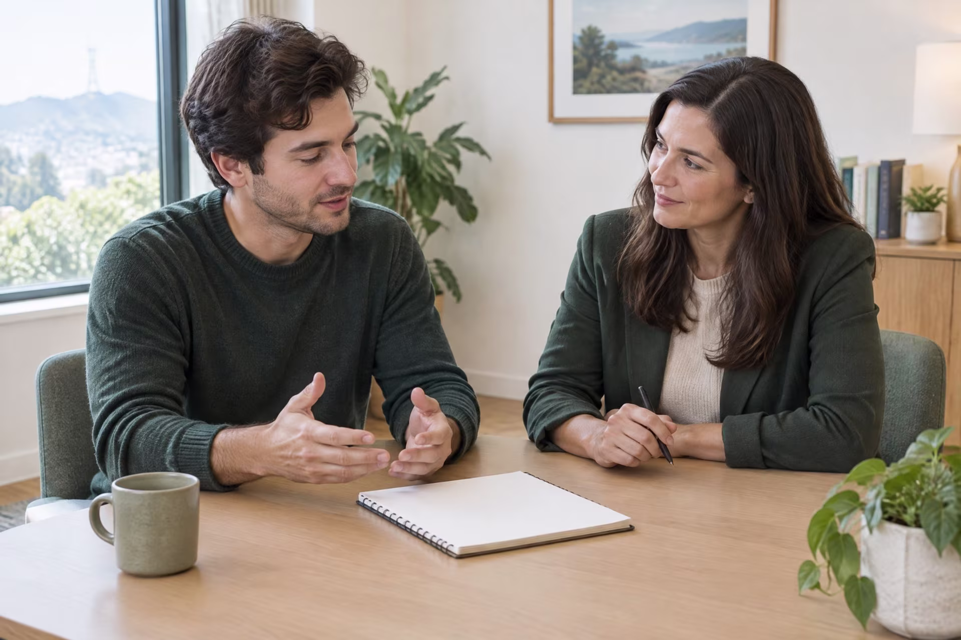Therapist and client discussing a plan together at a sunlit table, OCD therapy in San Jose near me