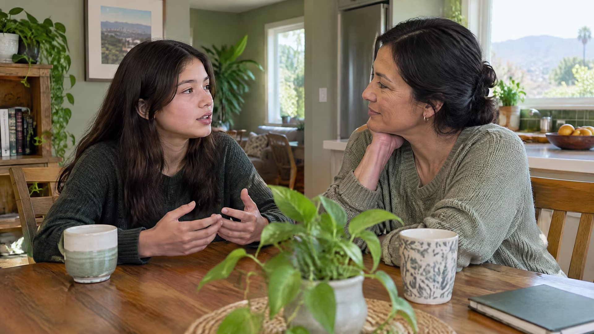 Family members listening to one another around a kitchen table, family therapy in San Jose near me