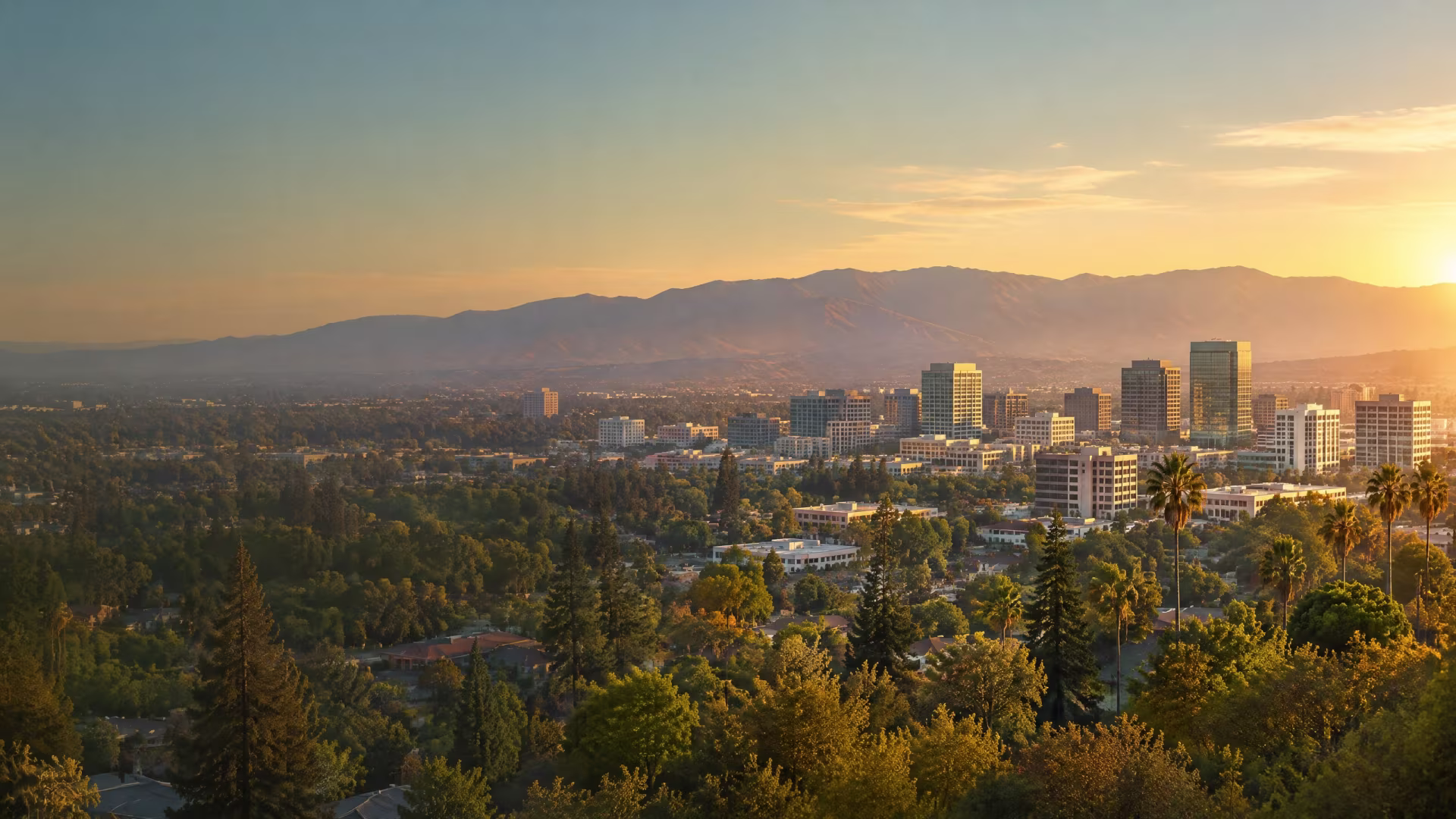 South Bay-inspired cityscape with distant foothills in warm evening light, therapist in San Jose near me