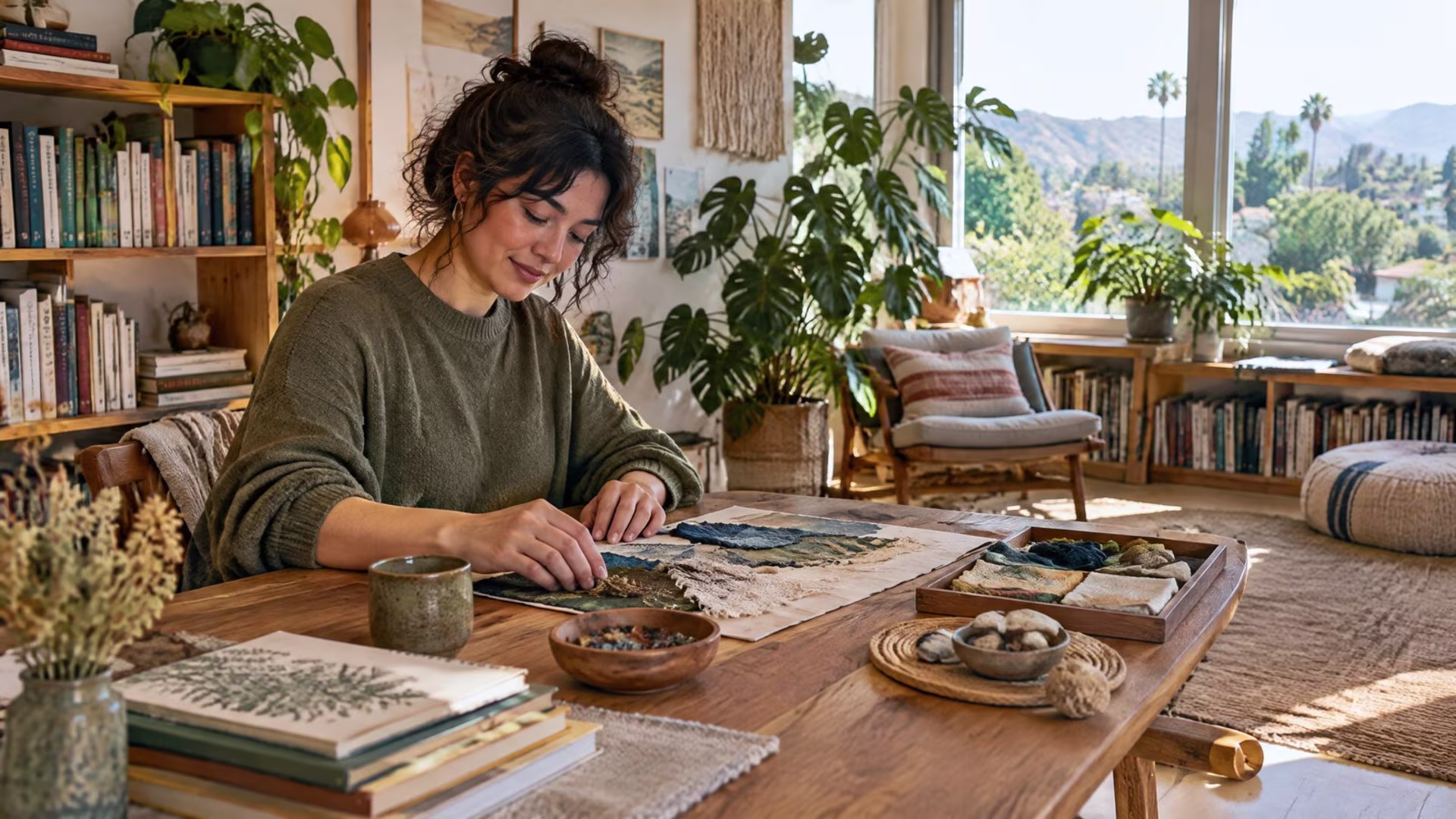 Adult working at a self-chosen creative activity in a sunlit studio, autism therapy in San Jose near me