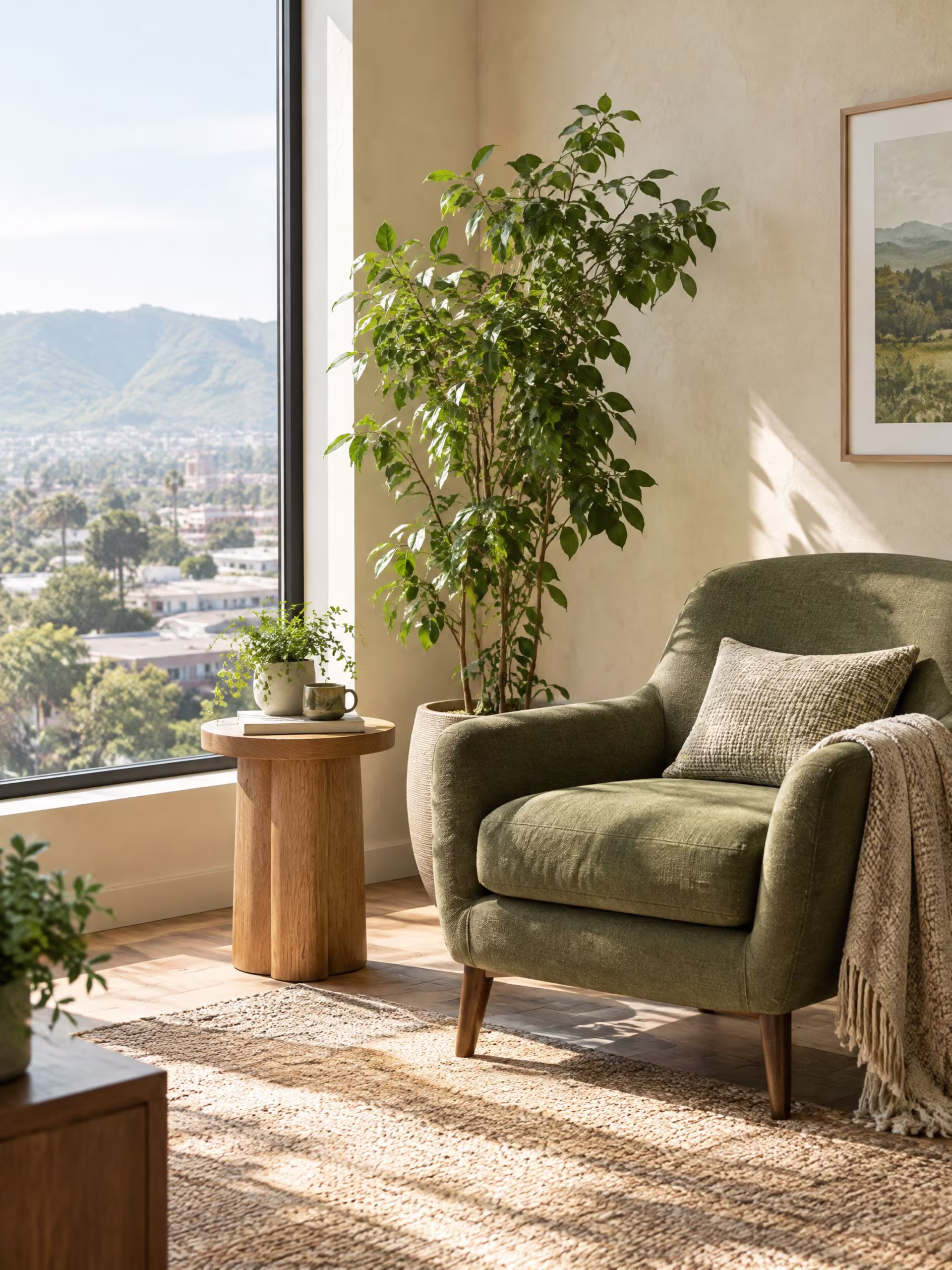 Sunlit room with an olive-green chair, houseplants, and a large window, therapist in San Jose near me