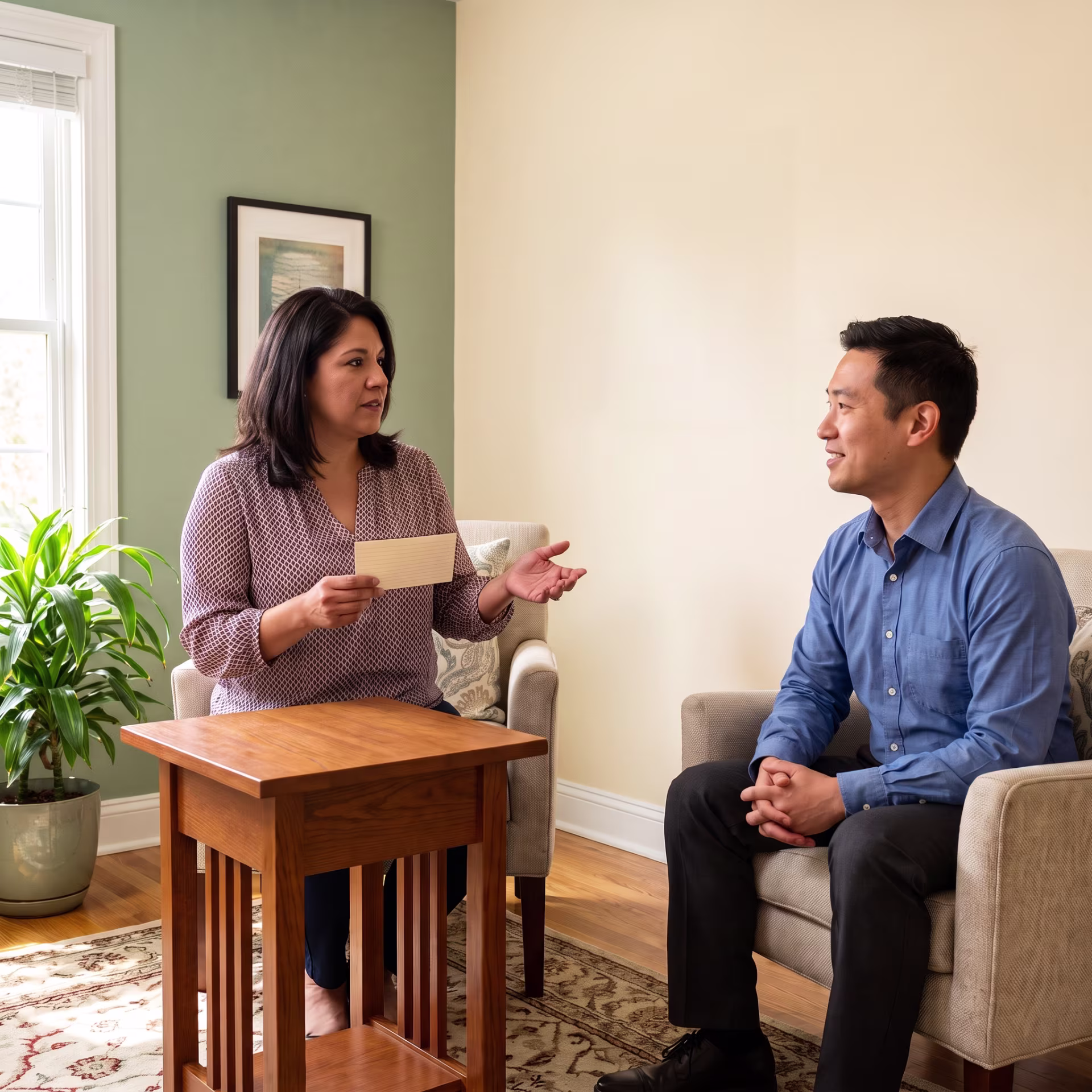 Illustrative exposure-therapy session: a client practicing a short presentation with a therapist in a bright office, anxiety therapy in San Jose near me