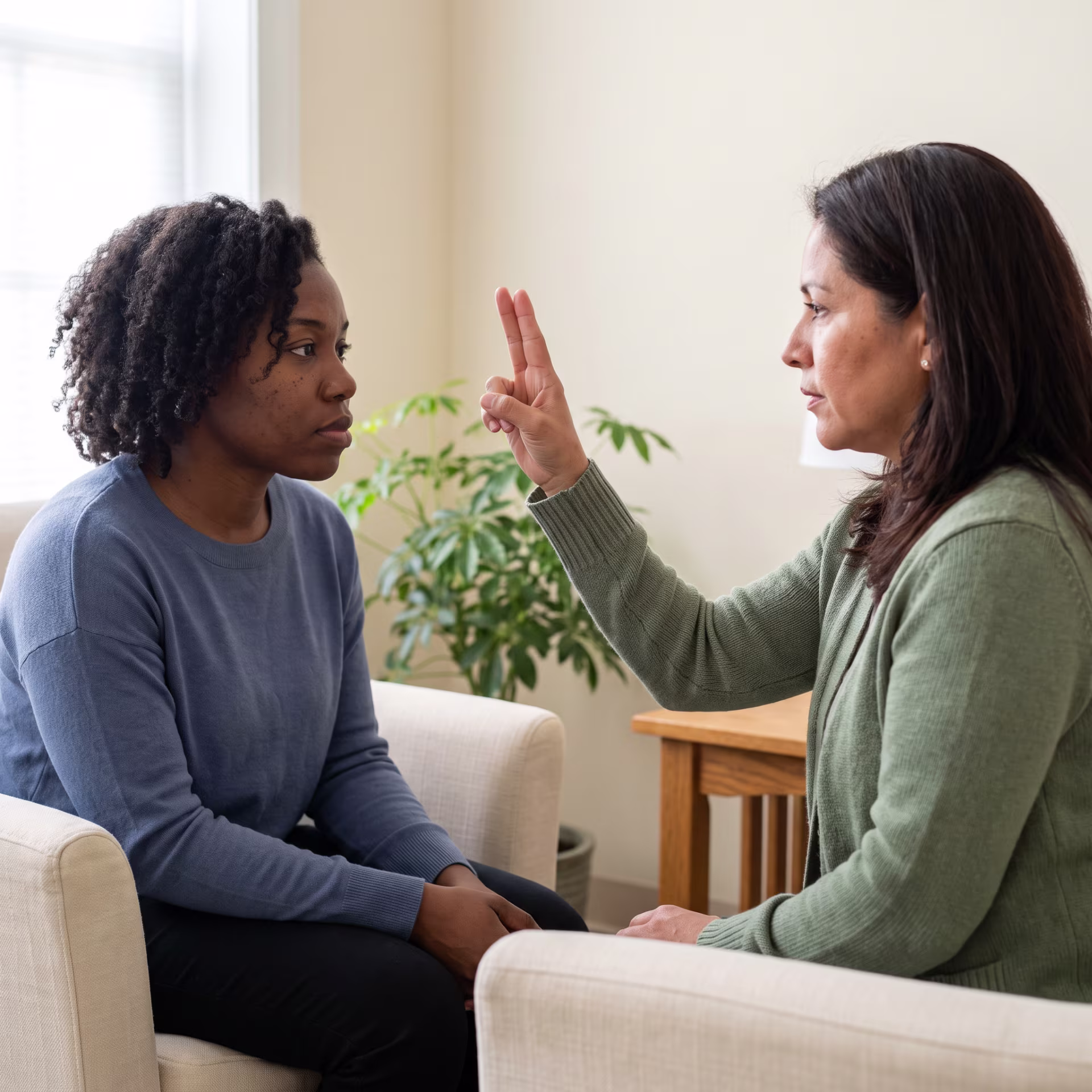 Illustrative EMDR office session: therapist guiding a seated client’s eye movements with two raised fingers held in front of her face, san jose trauma therapy near me