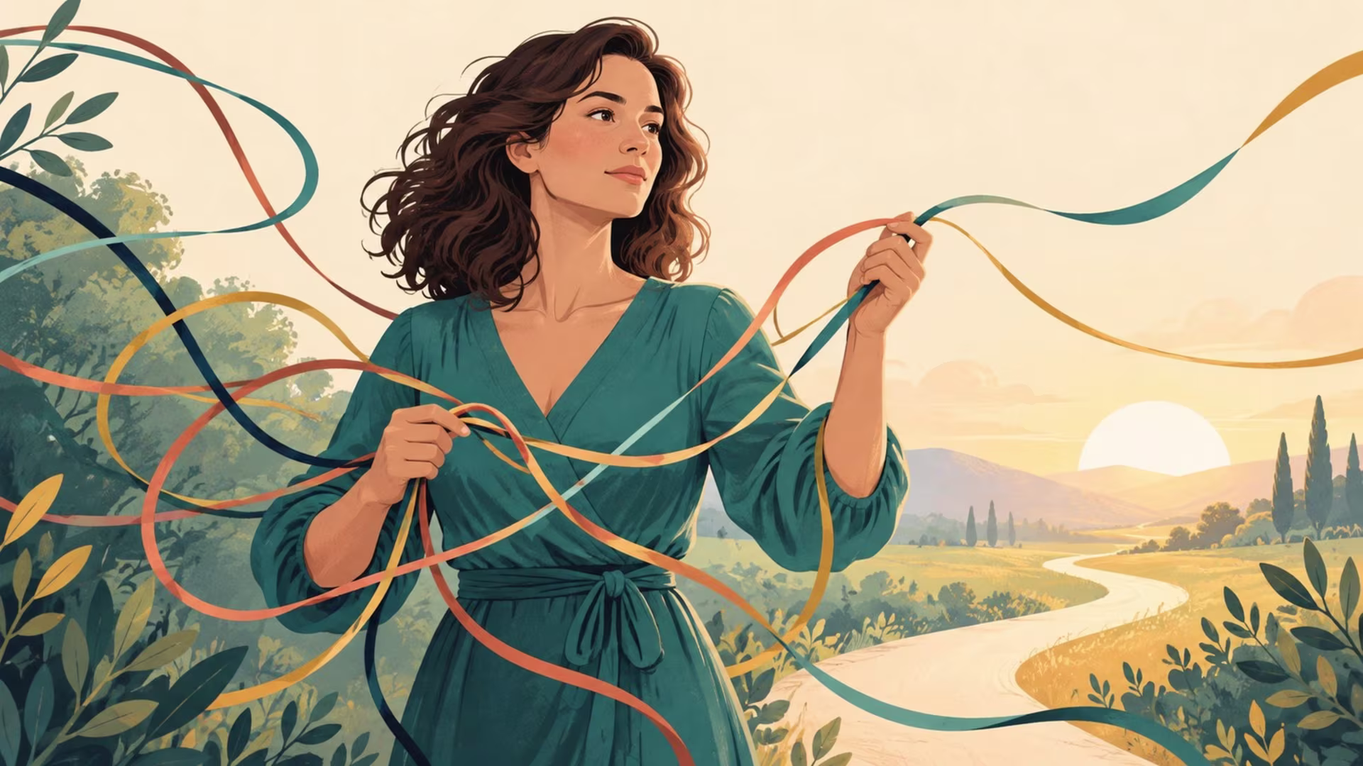 A woman untangles surrounding threads in an illustration about recognizing coercive control and reclaiming autonomy.