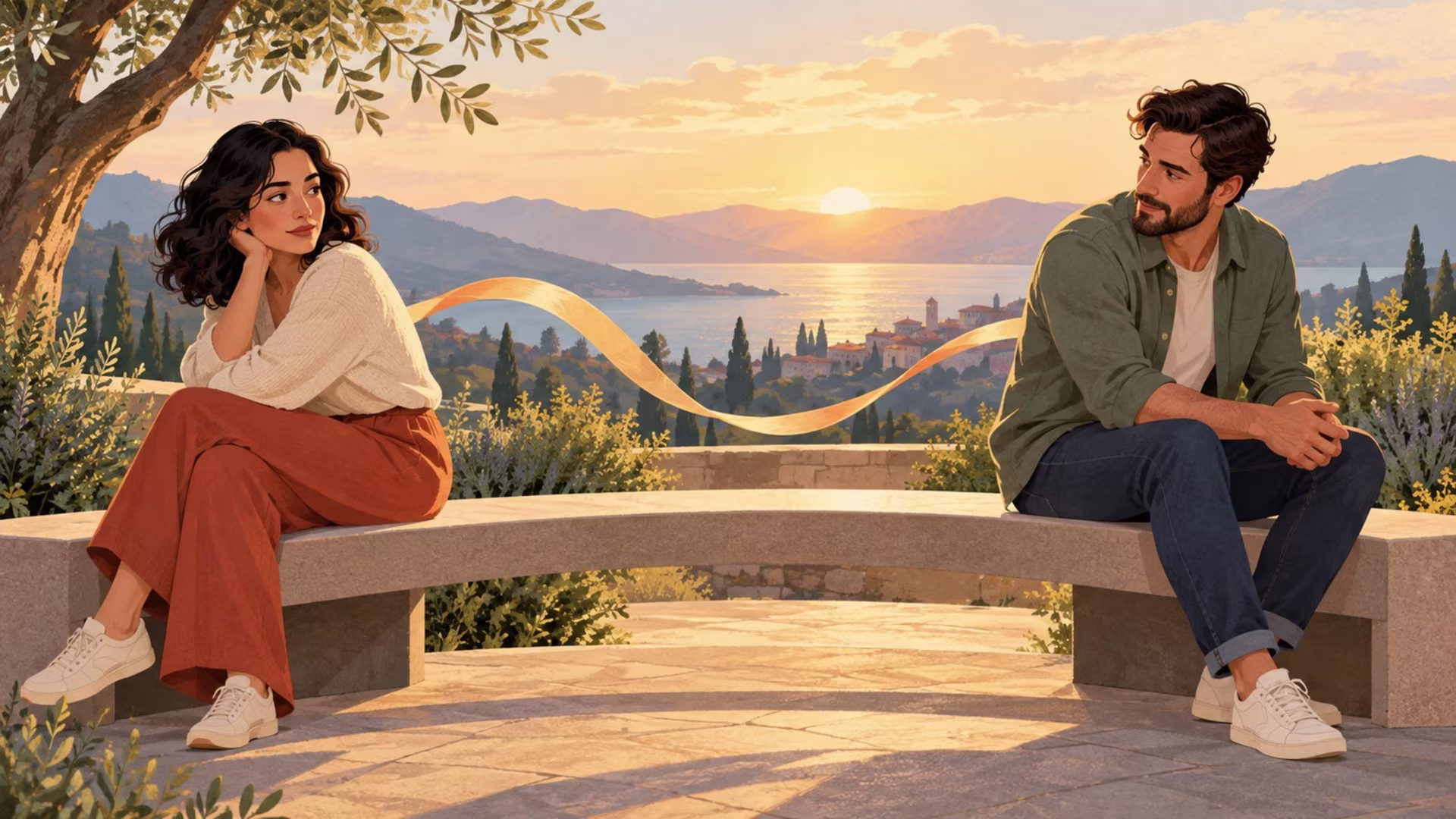 Two adults share a bench with space between them, illustrating the emotional distance of dismissive avoidant attachment and the possibility of connection.
