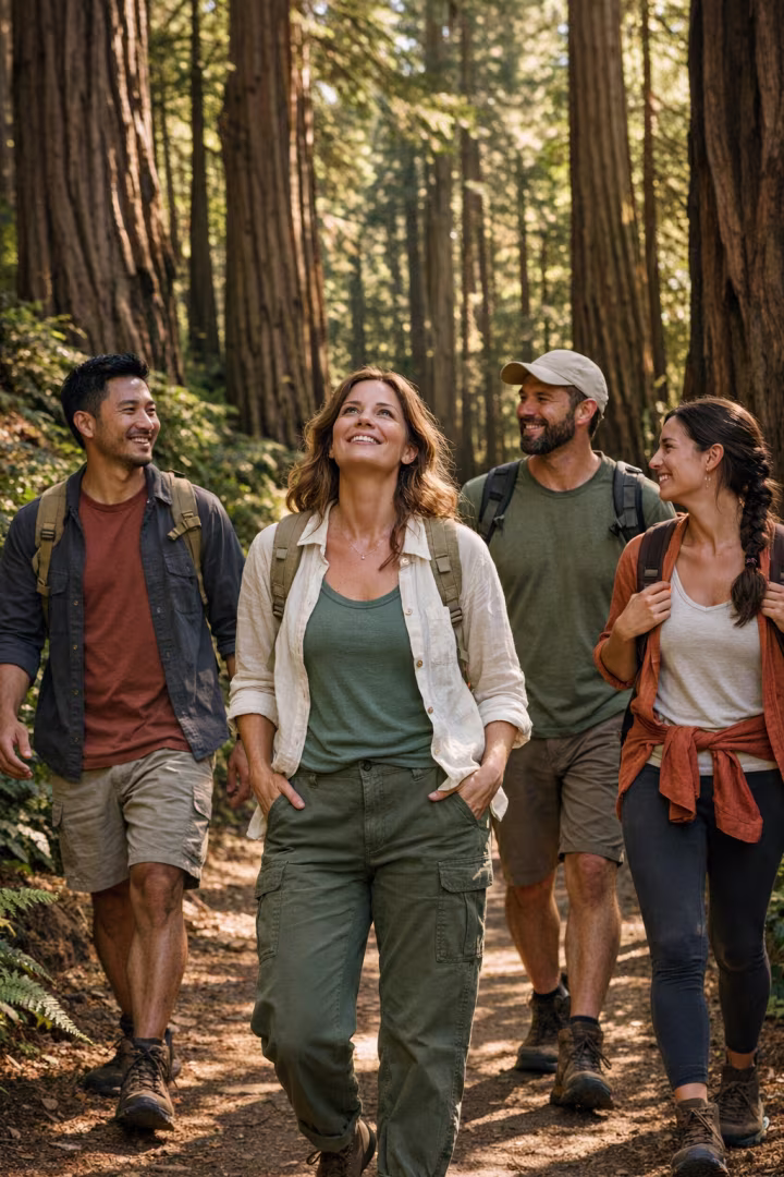 Retreat participants hiking together beneath redwoods