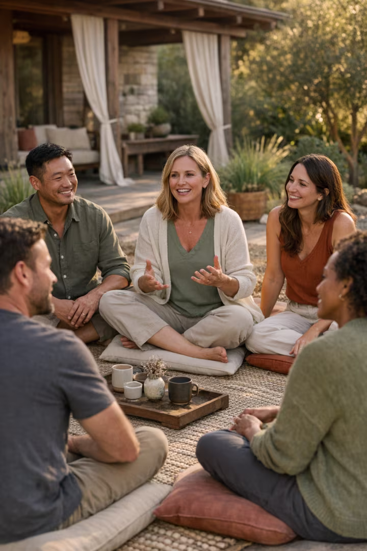An outdoor retreat sharing circle in a garden