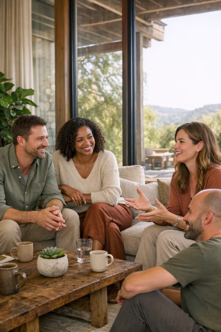 Retreat participants connecting in a comfortable lounge