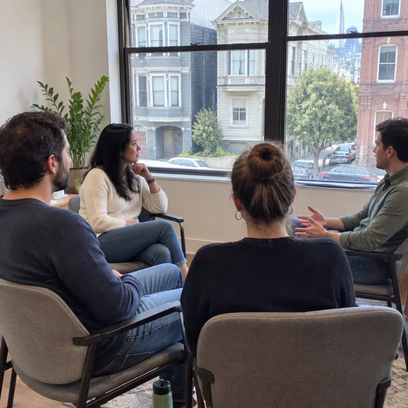 Couples workshop in a San Francisco therapy room with the neighborhood outside the window
