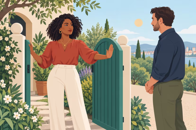 A woman holds a garden gate closed while a man stands outside on the path.