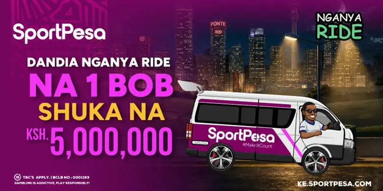 SportPesa Nganya Ride sample banner with branded vehicle and Nairobi skyline
