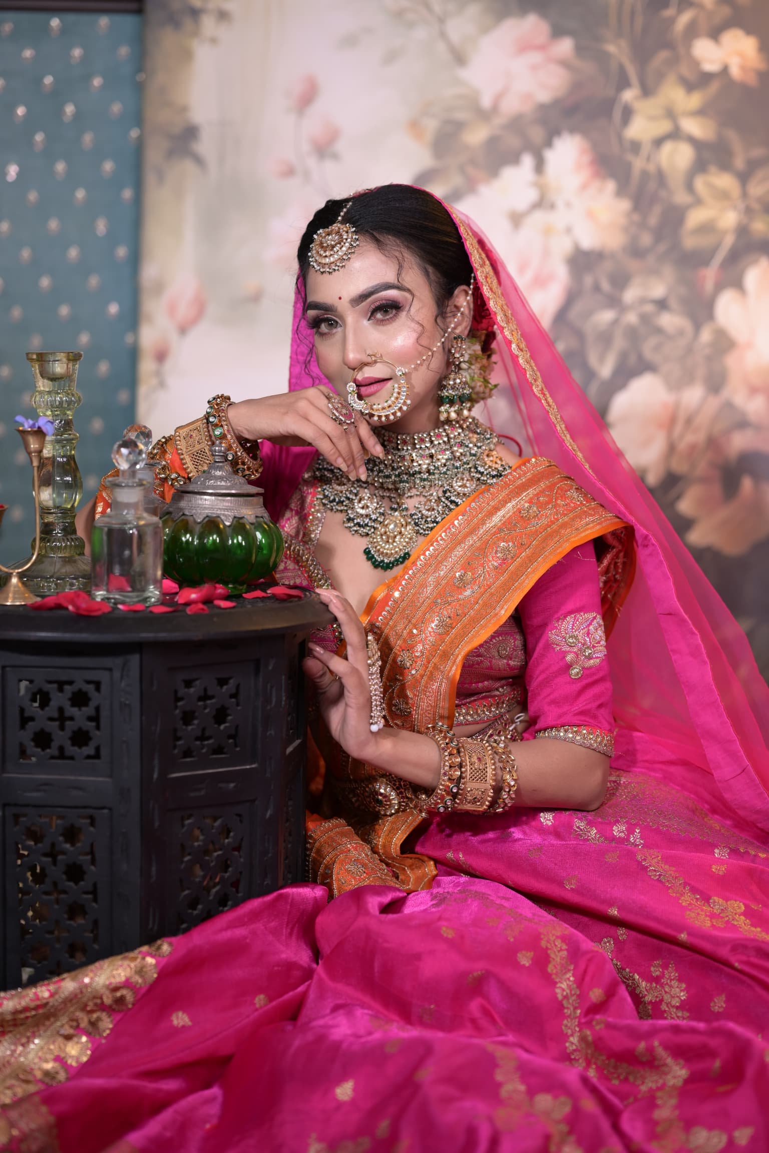 Traditional Indian bridal makeup service with intricate jewelry
