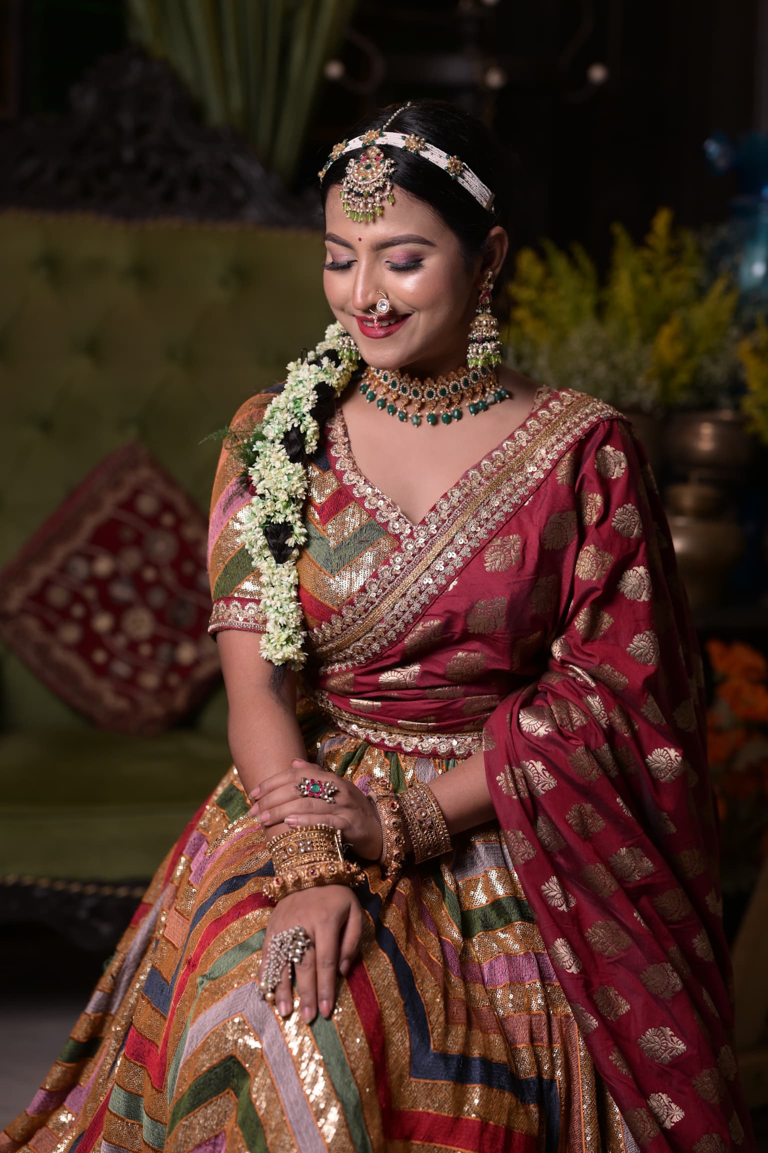 Best traditional Indian bridal makeup service with gajra.