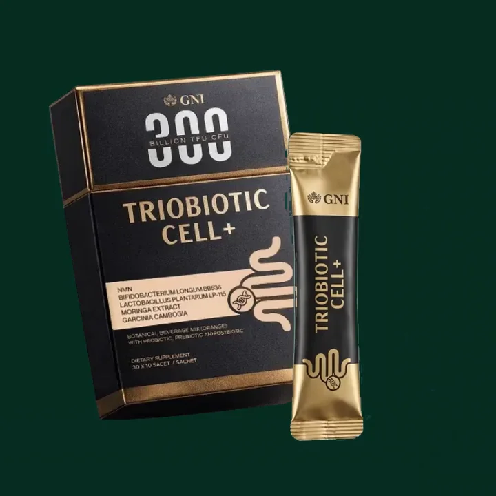 Kotak Triobiotic Cell+ dengan sachet hitam dan emas di hadapannya