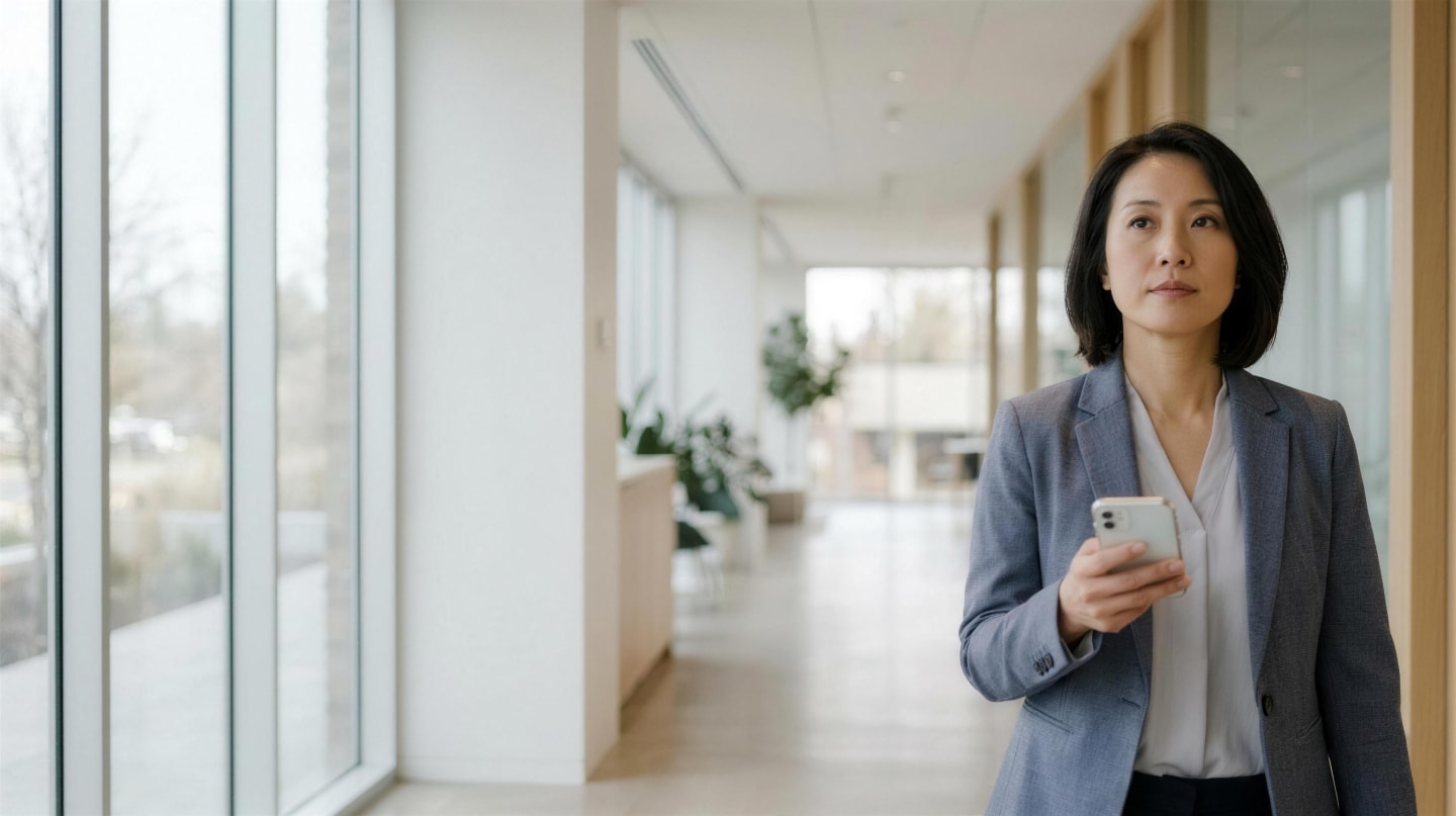 A business person walking through a bright modern office, phone in hand, glancing up. Placeholder, generated.