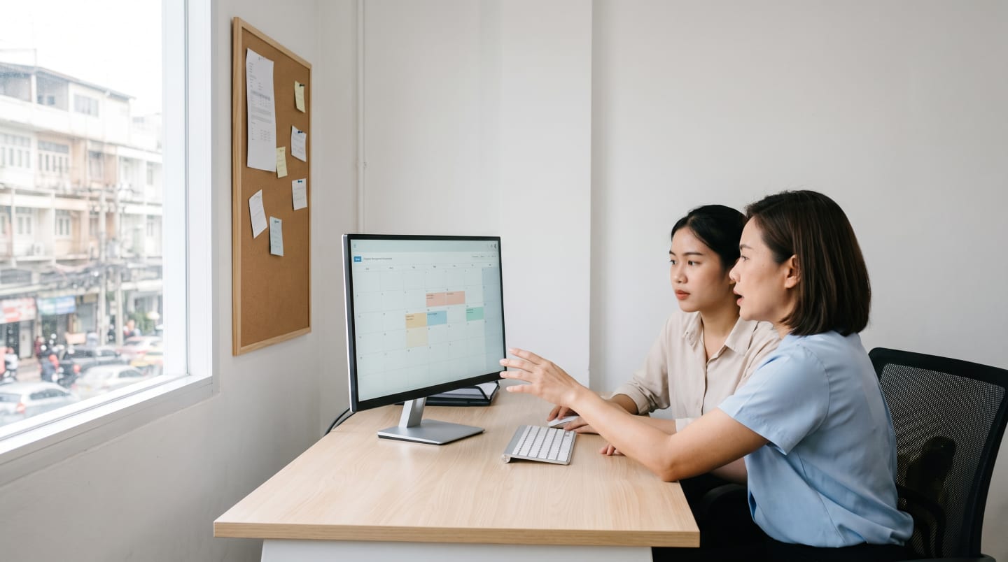 A hotel duty manager and a front office colleague reviewing the calendar in a daylit back office. Placeholder, generated.