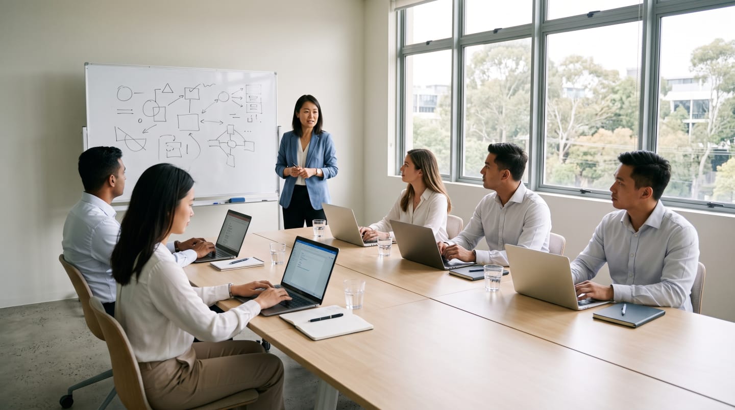An executive AI workshop, participants at their own laptops, a facilitator standing. Placeholder, generated.
