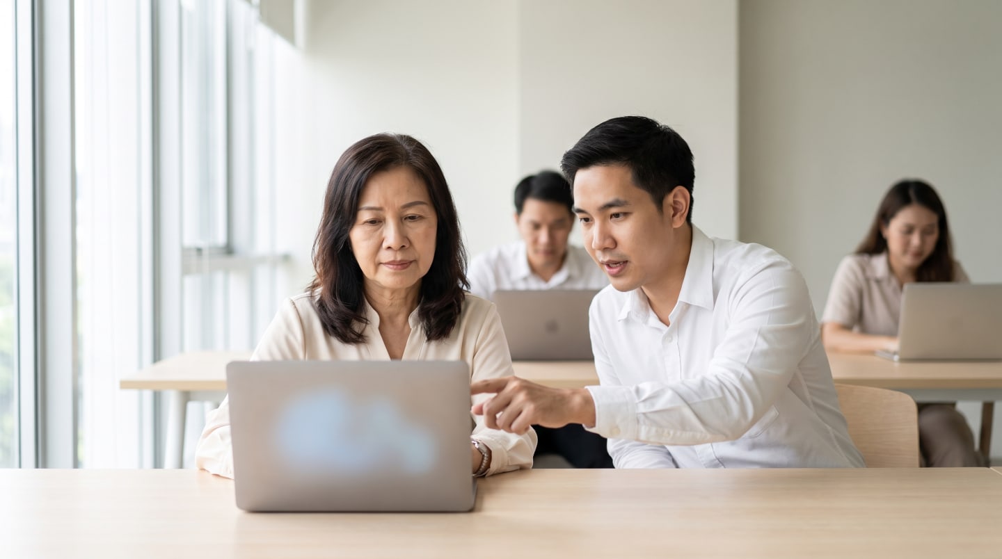 A marketing director at a laptop in a daylit training room, a facilitator crouched beside her pointing at the screen. Placeholder, generated.