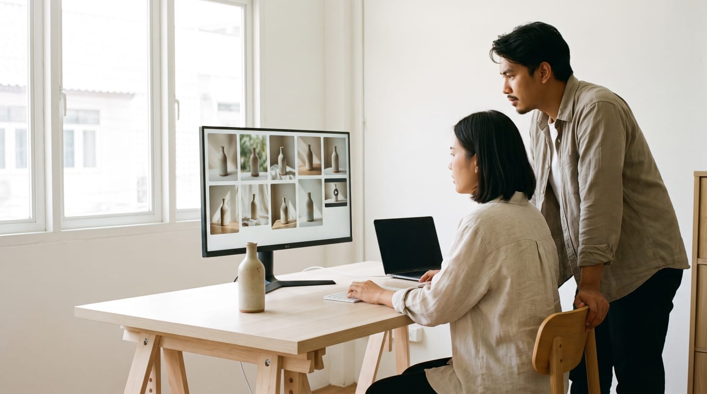 A creative producer and a colleague at one monitor in a daylit studio, a grid of generated product shots of the ceramic bottle that sits on the desk. Placeholder, generated.
