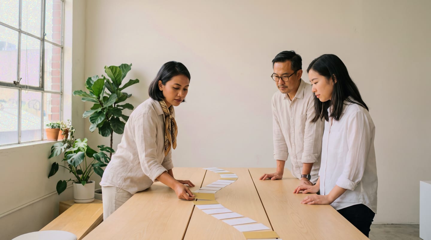Three colleagues arranging blank cards into a flowing sequence on a pale table in a daylit studio. Placeholder, generated.