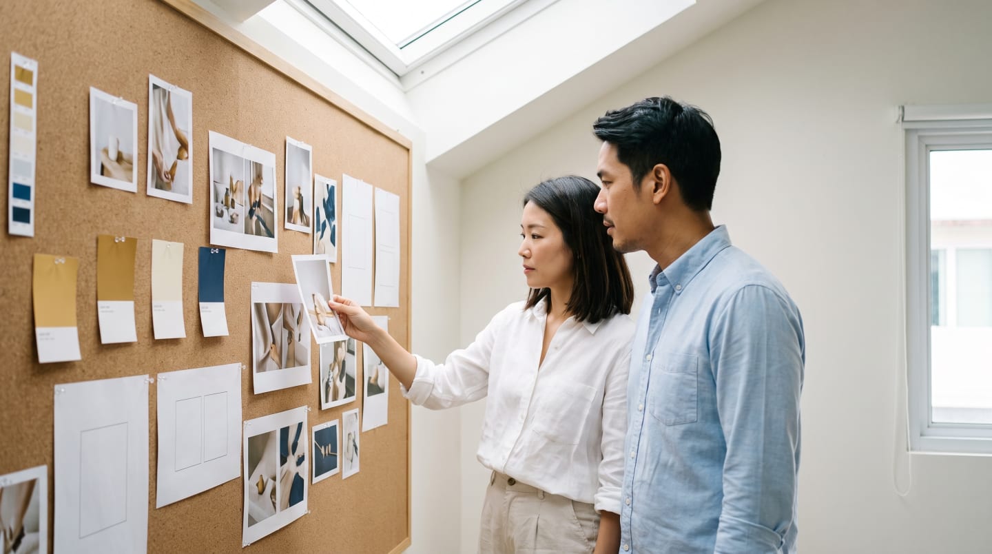 A brand director holding a print up against a studio wall of photographs, colour swatches and layout sheets. Placeholder, generated.