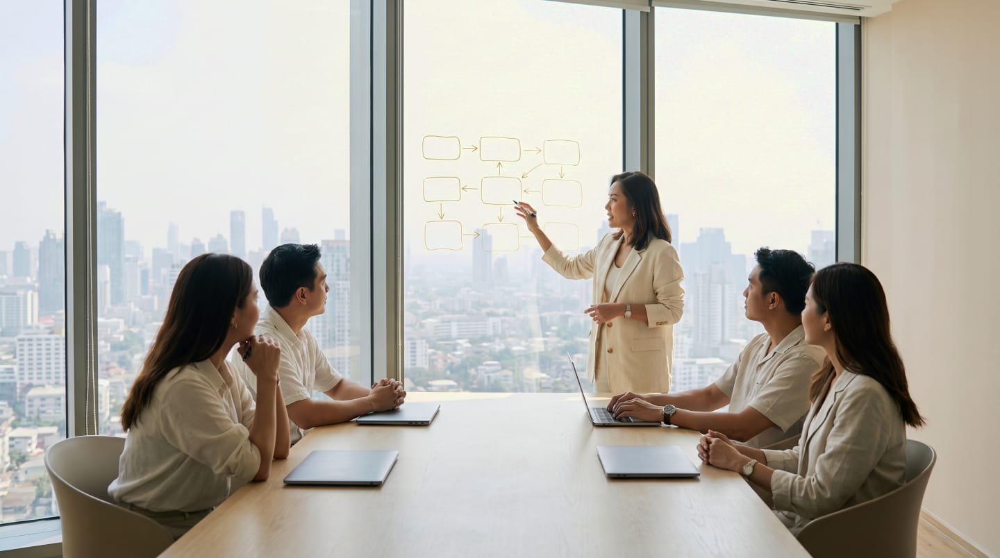 A strategist at a glass wall drawn with a roadmap of blank blocks, four executives listening at a boardroom table. Placeholder, generated.