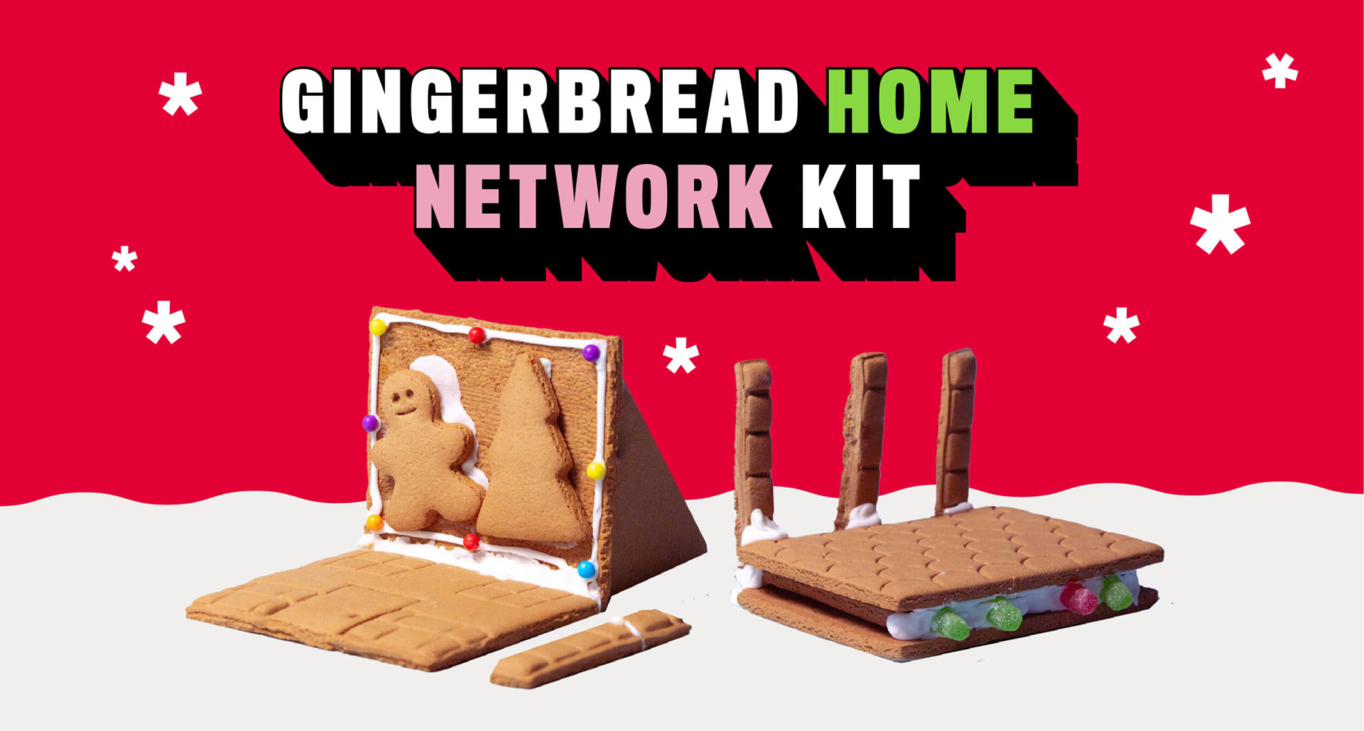 A gingerbread internet modem and laptop