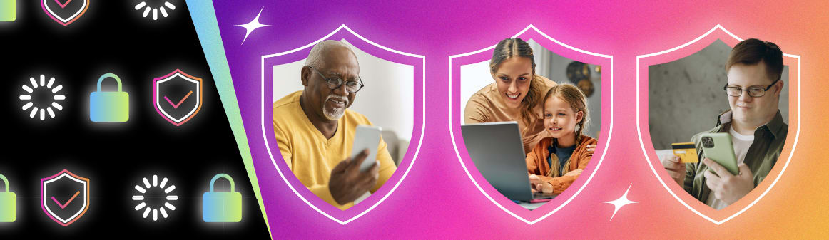 People inside shield graphics holding electronic devices