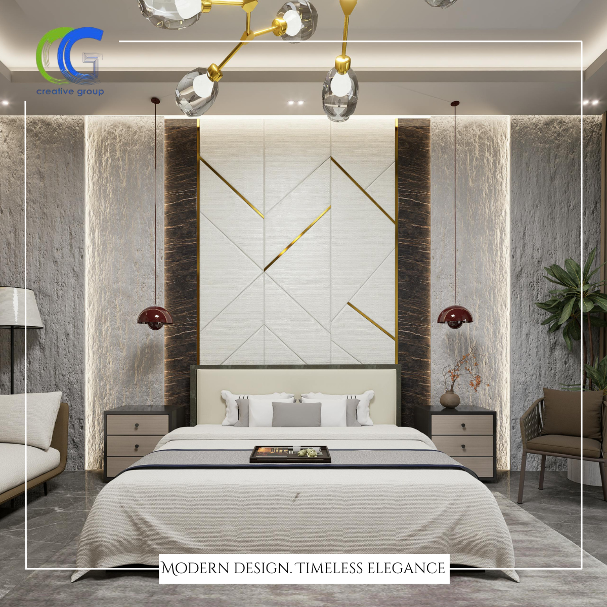 تصميم غرفة نوم ماستر بأثاث أنيق وألوان متناسقة.