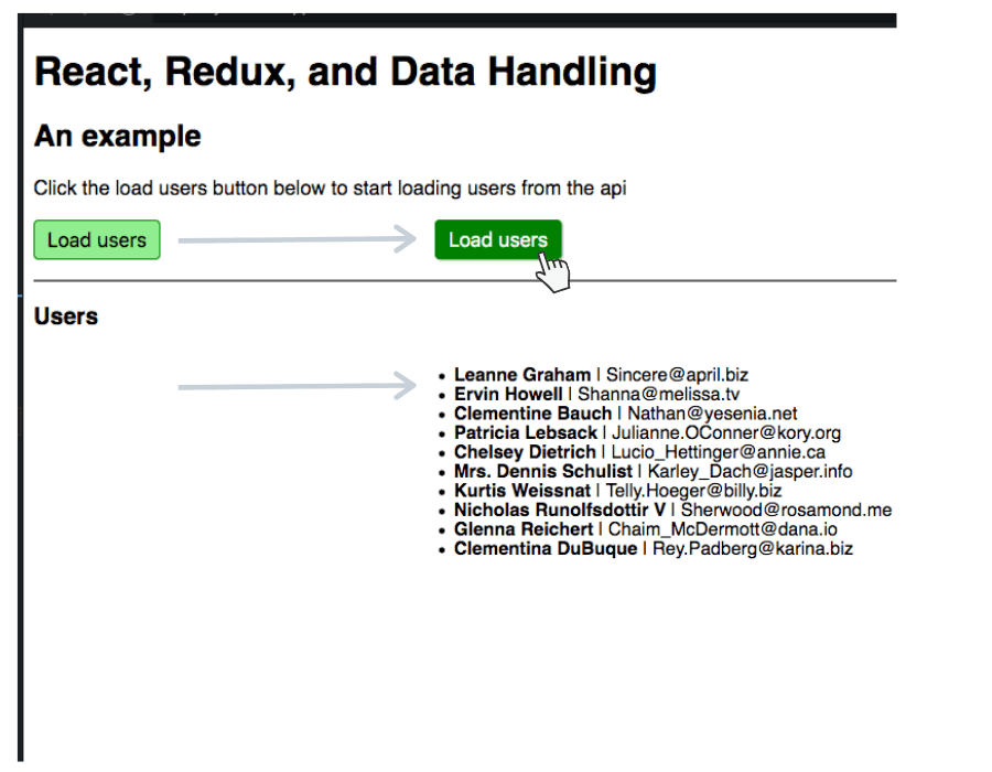 A screenshot of our working app, showing the button click that loads a list of users