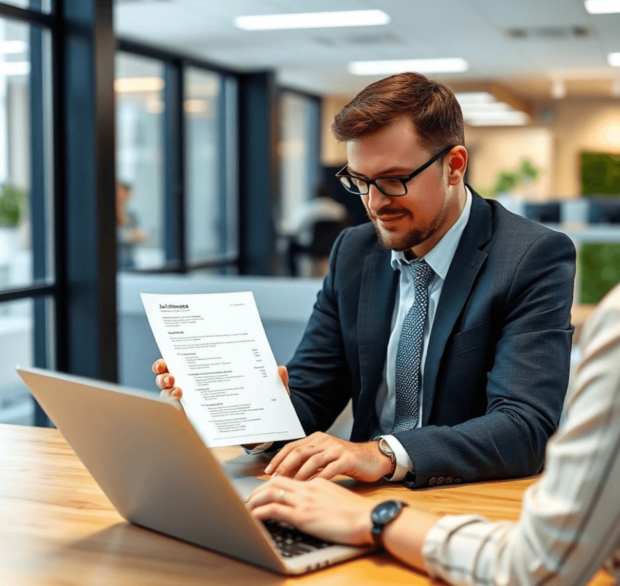 A man in a dark suit reviewing his resume