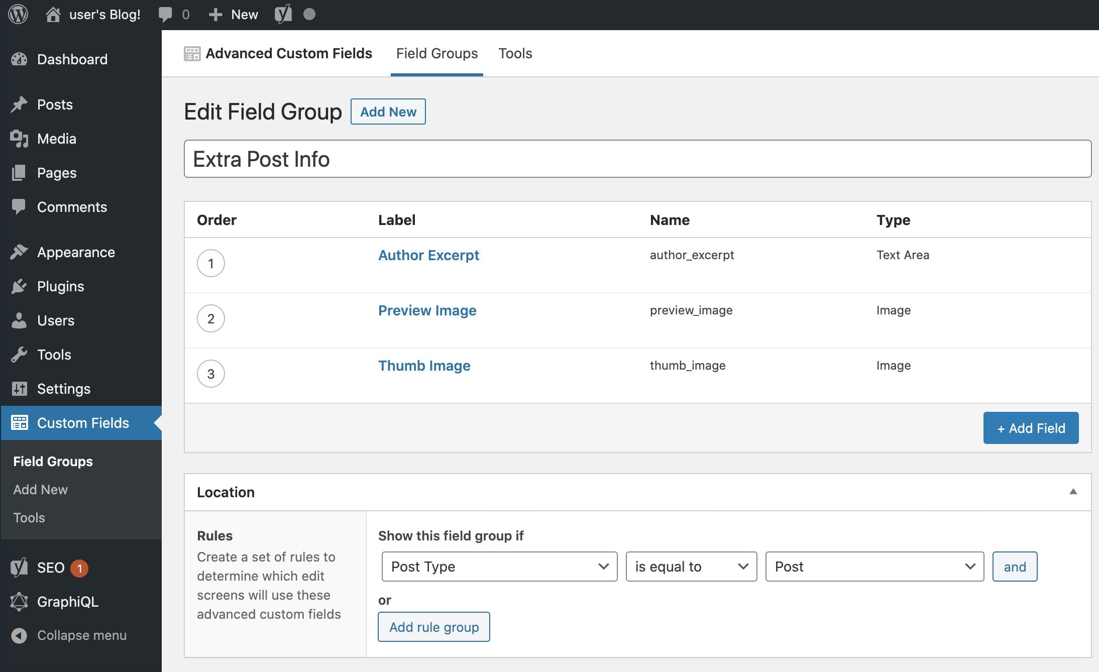 WordPress ACF fields setup