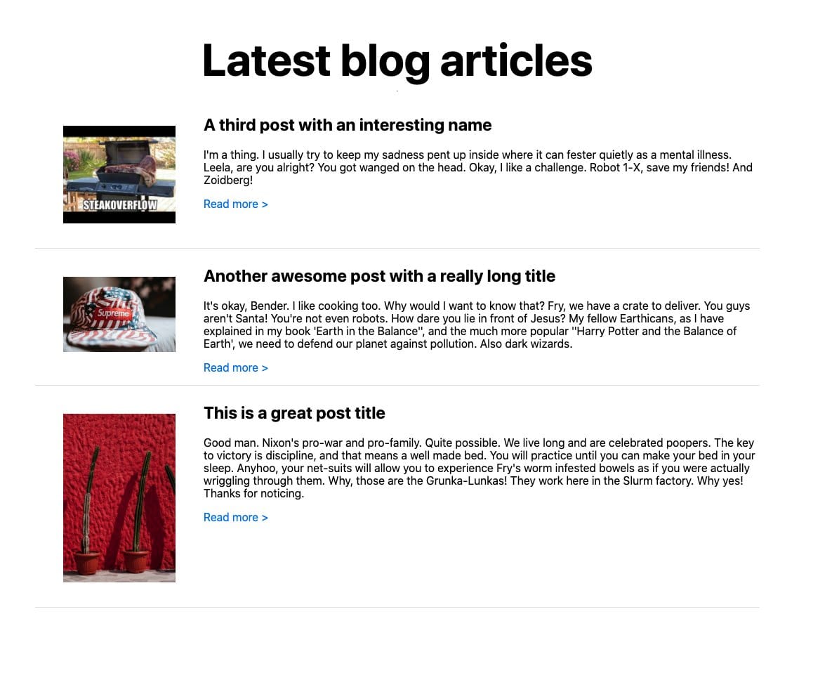 Blog listing page running on our local development server with data pulled from our headless CMS instance of WordPress