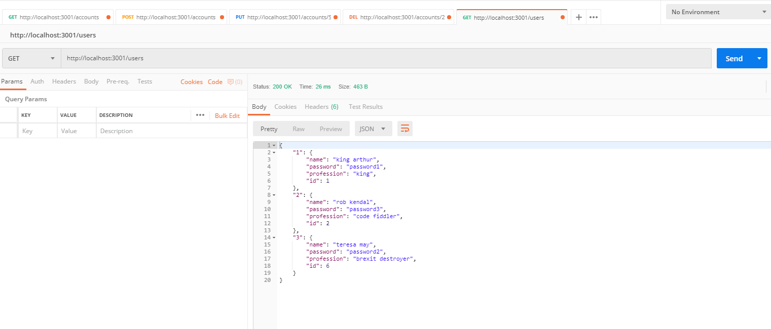 results of user list using Postman app