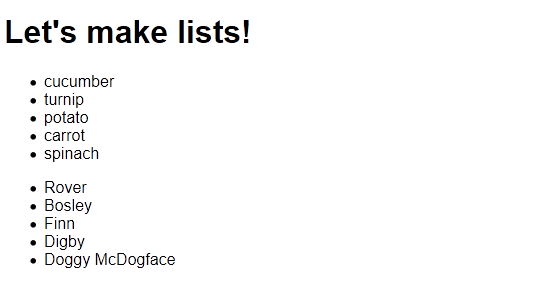 Final list output from out listmaker.js class. It shows two lists built from our arrays