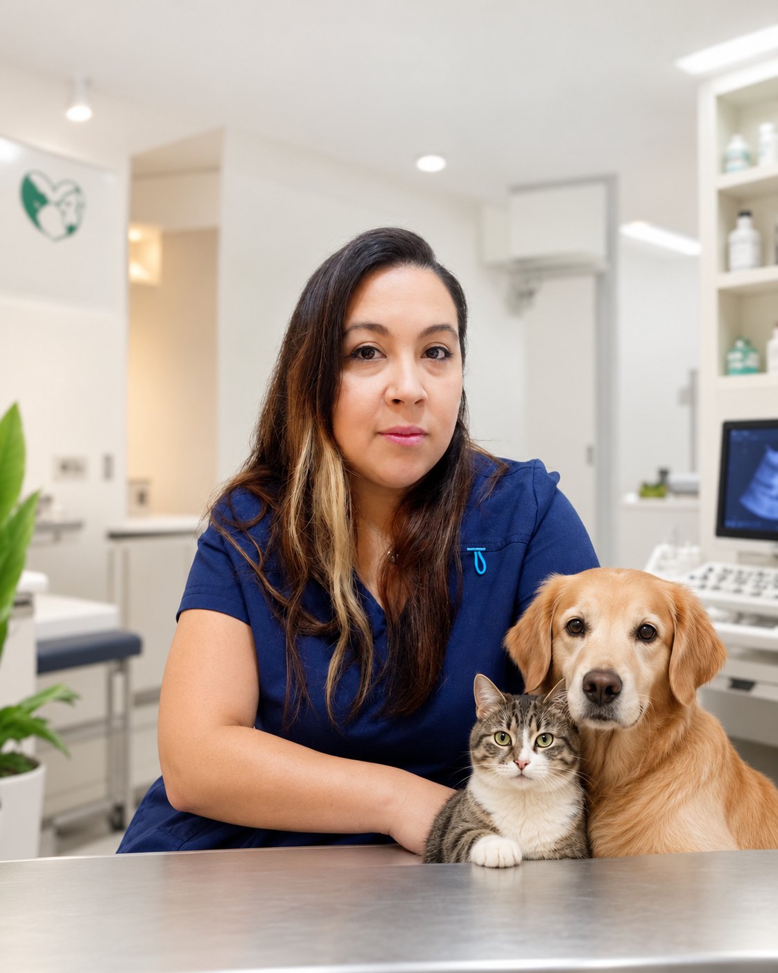 Dra. Verónica Hurtado Oyarzún junto a un perro y un gato