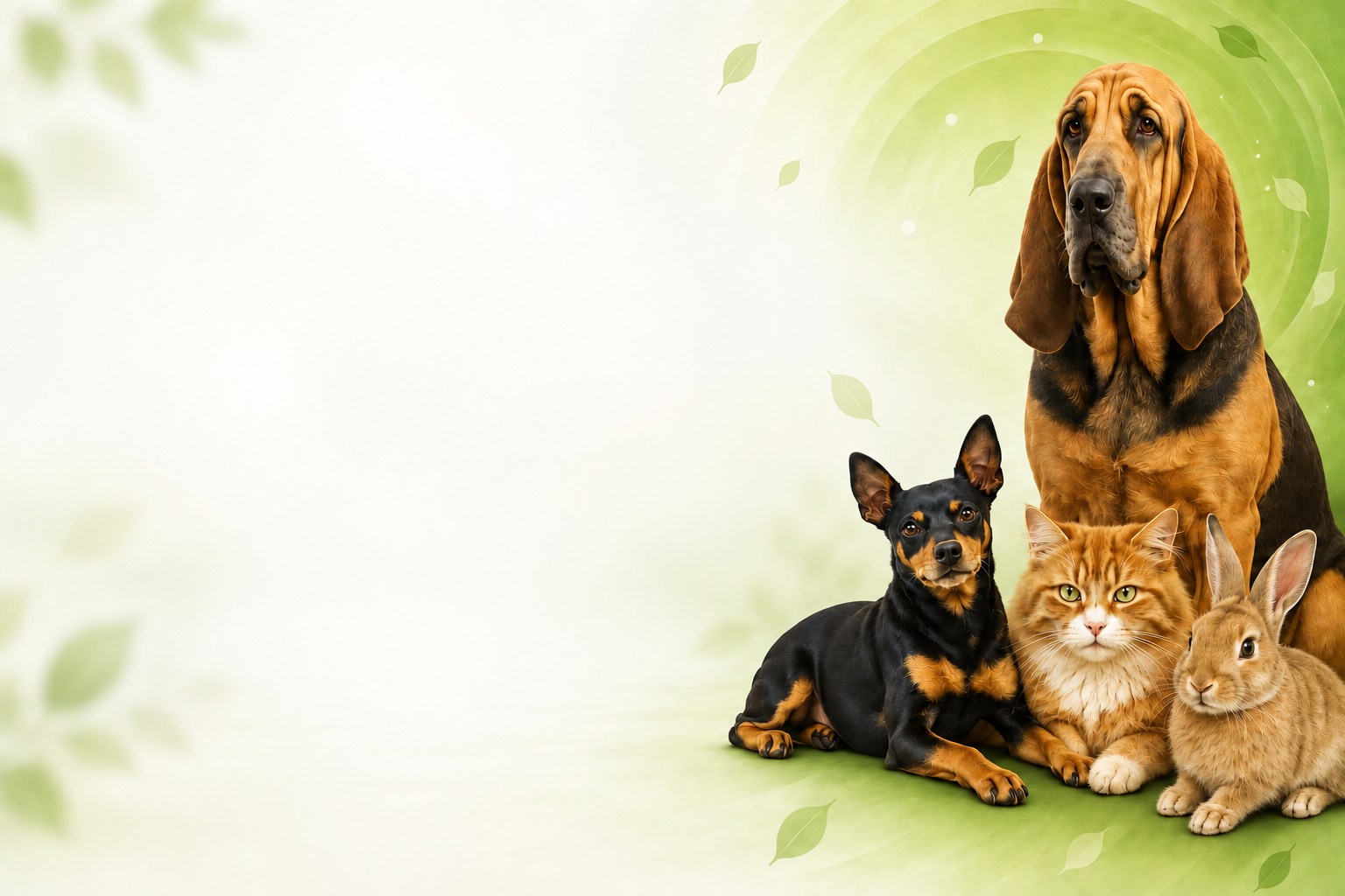 Perros, gato y conejo representando la atención de VanyVet