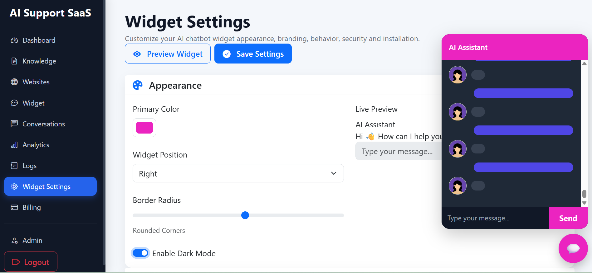 AI Support SaaS Dashboard