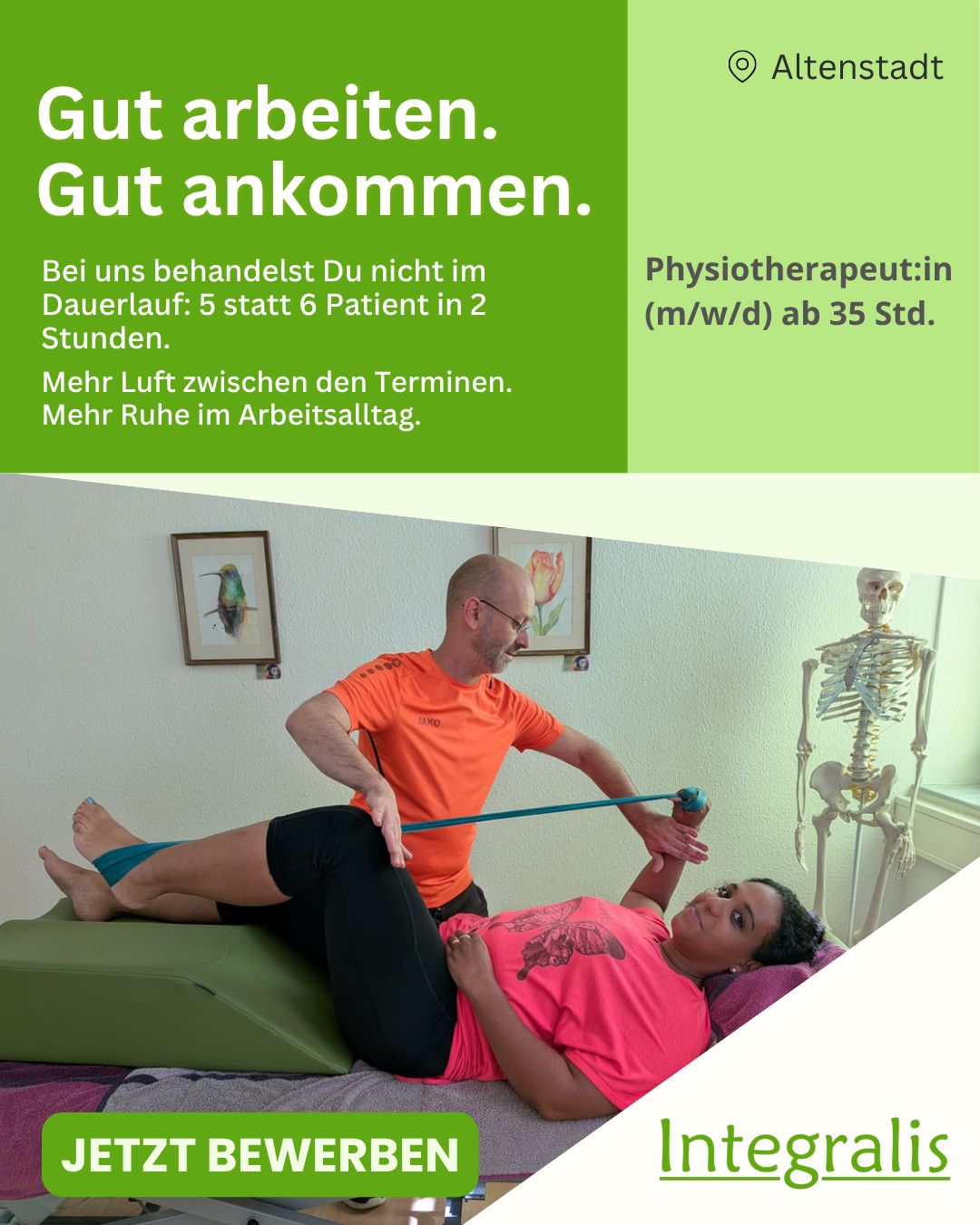 Integralis Physiotherapie – Teammitglied mit Skelett