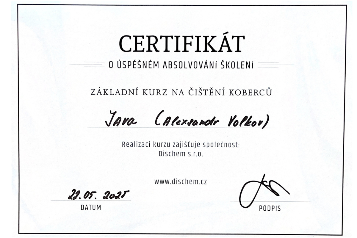 Certifikát DISchem — základní kurz čištění koberců