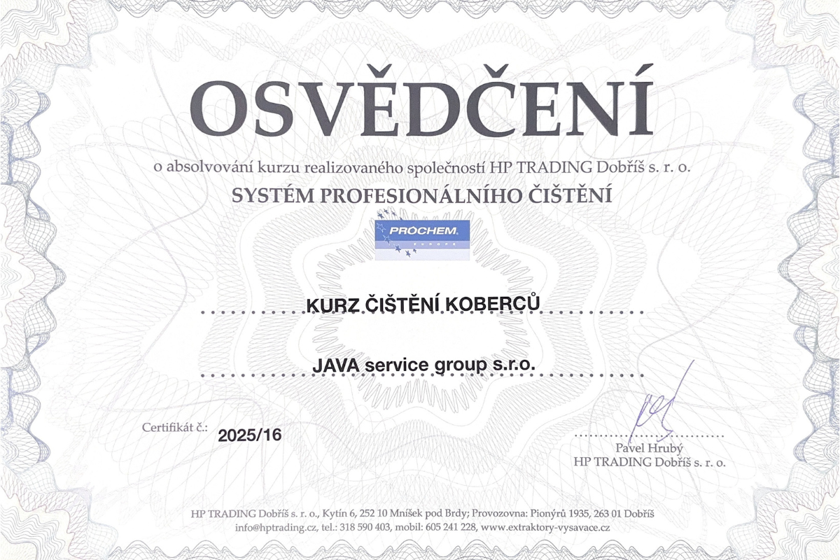 Certifikát HP Trading — kurz čištění koberců PROChem