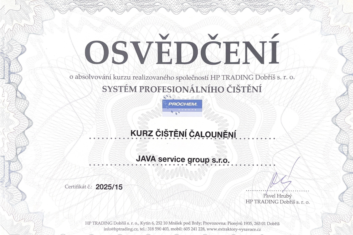 Certifikát – čištění čalounění